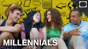 jovens da geração z sentados e a palavra millennials