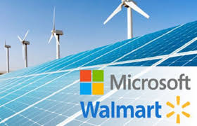 Banner Microsoft e Walmart  com painel e torre de energia renovável