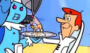 Cena dos Jetsons robô entregando bandeja ao patrão