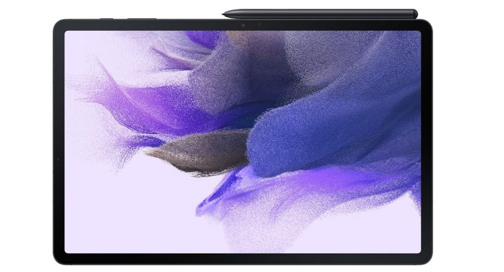 Tablet Galaxy Tab S7 FE visto de frente em fundo branco junto à S Pen