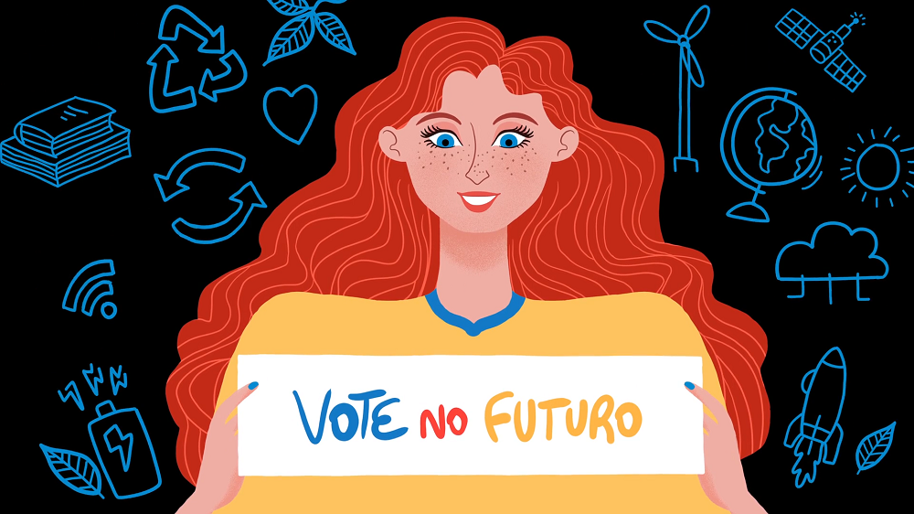 Ilustração de uma menina com cabelos ruivos e olhos azuis segurando uma placa escrito "Vote no Futuro"