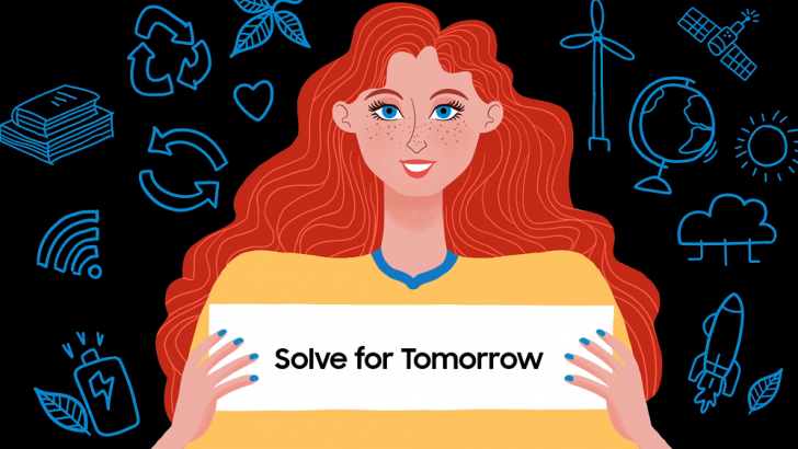 Ilustração de uma jovem ruiva com uma placa escrito Solve For Tomorrow