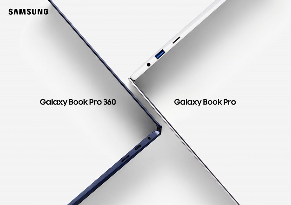 Notebooks Samsung da linha Galaxy Book Pro vistos de lado em fundo branco