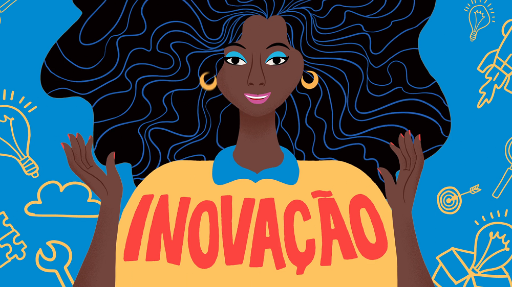 Ilustração de uma jovem negra em fundo azul com a palavra inovação em destaque