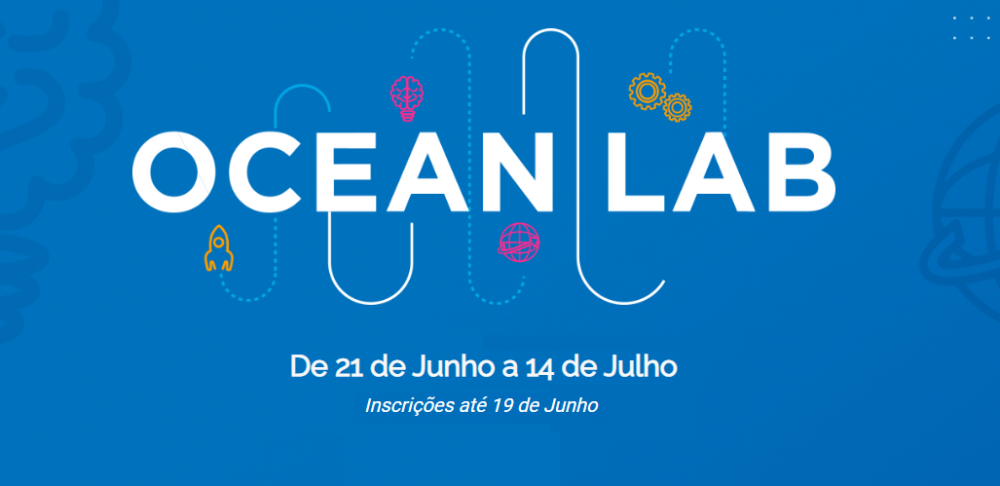Logotipo do programa Ocean Lab em fundo azul com ilustrações