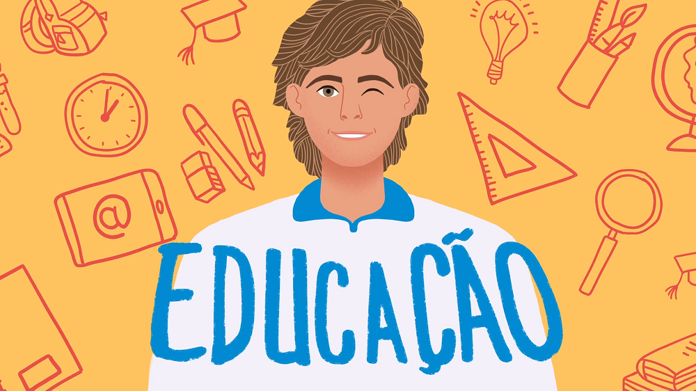 Ilustração de um jovem em fundo amarelo junto à palavra 'Educação'