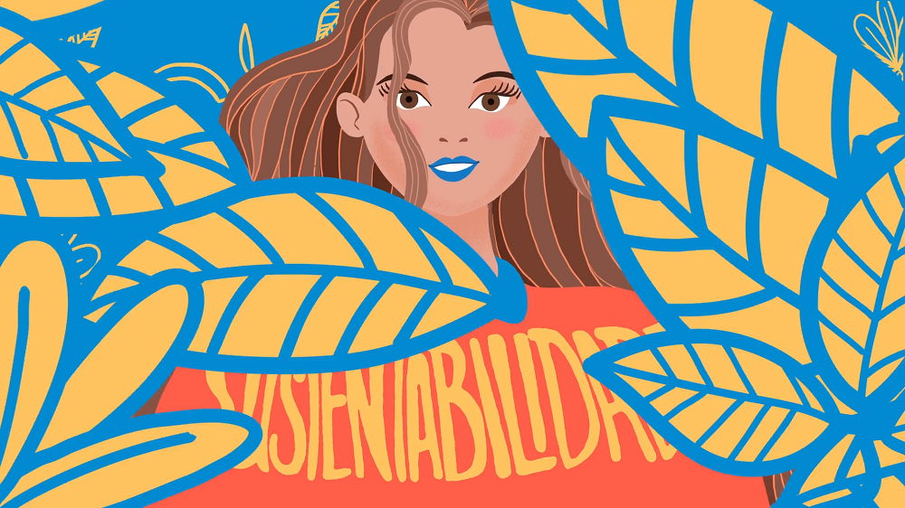 Ilustração de uma garota cercada por plantas usando uma blusa com a palavra 'sustentabilidade'