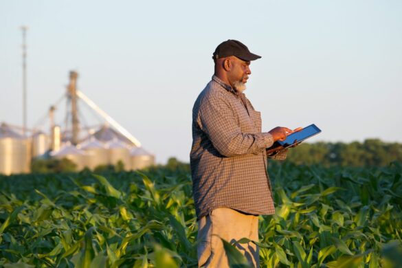 Homem em pé trabalha no campo segurando um tablet