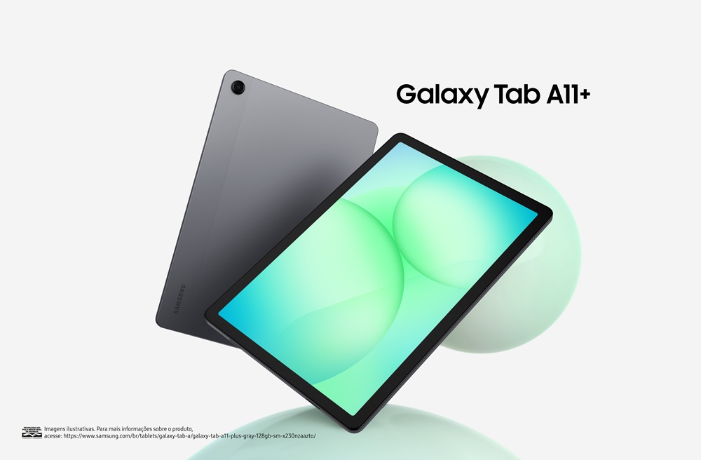 Imagem de divulga&ccedil;&atilde;o do Galaxy Tab A11+ mostrando a frente e a traseira do modelo em um fundo cinza claro.