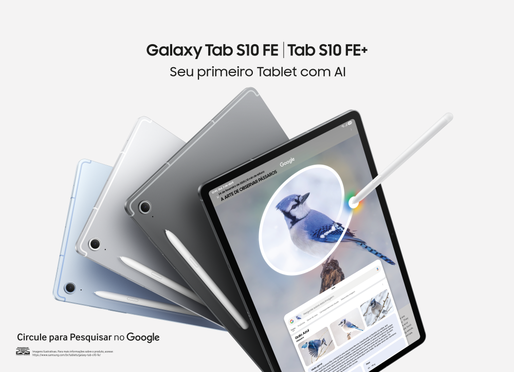 Imagem de divulga&ccedil;&atilde;o dos Galaxy Tab S10 FE+ e Galaxy Tab S10 FE em fundo claro com a S Pen frente &agrave; tela, destacando o recurso Circule para Pesquisar com o Google