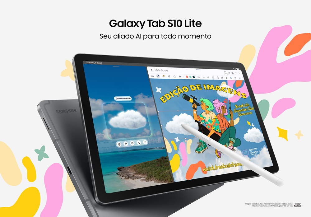 Imagem de divulga&ccedil;&atilde;o do Galaxy Tab S10 Lite com a S Pen frente &agrave; tela destacando a edi&ccedil;&atilde;o de imagens; o modelo aparece em fundo neutro com elementos coloridos