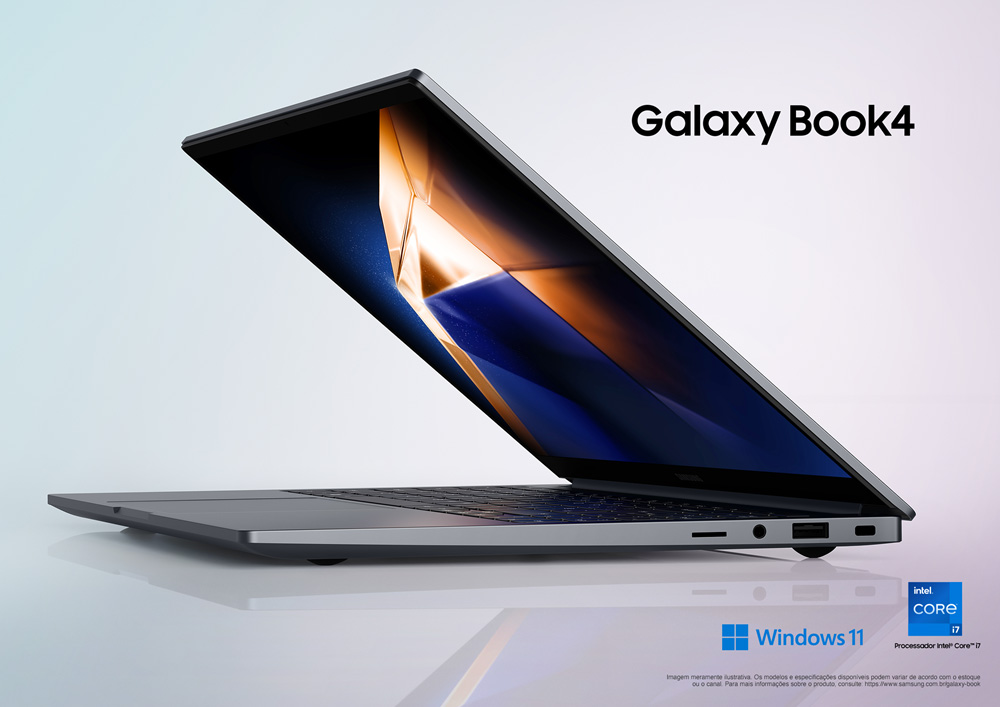 Notebook Galaxy Book4 cinza, da Samsung, com a tela entreaberta visto na diagonal.