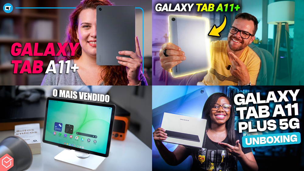 Mosaico com fotos de jornalistas e criadores de conte&uacute;do apresentando o Galaxy Tab A11+ em seus canais.